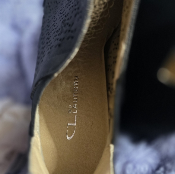 CL by Laundry Black Perforated Almond Block Heel Ankle Booties - Picture 3 of 3